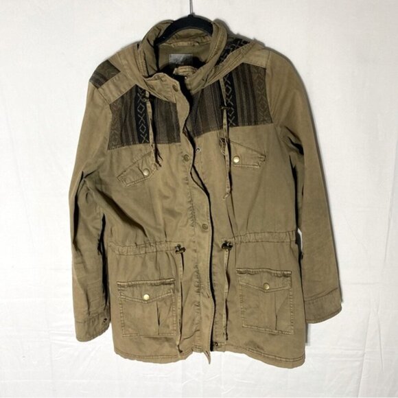 Kismet Jackets & Blazers - Kismet Tan With Black Southwestern Print Trim Utility Jacket L